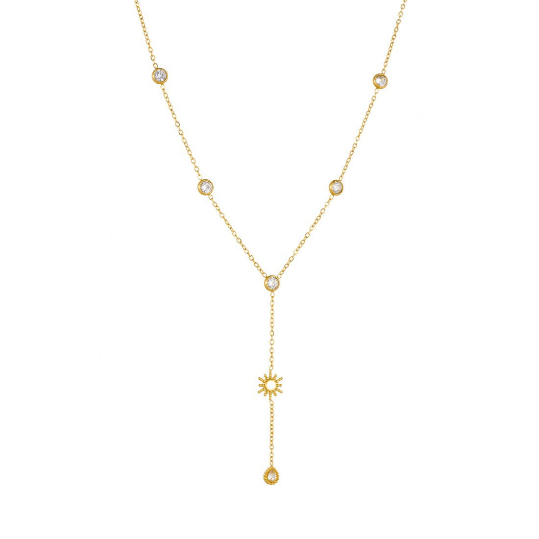 Sweet Gold Plated Stainless Steel Star Moon Heart Rhinestone Pendant Necklace with Tassel for Women