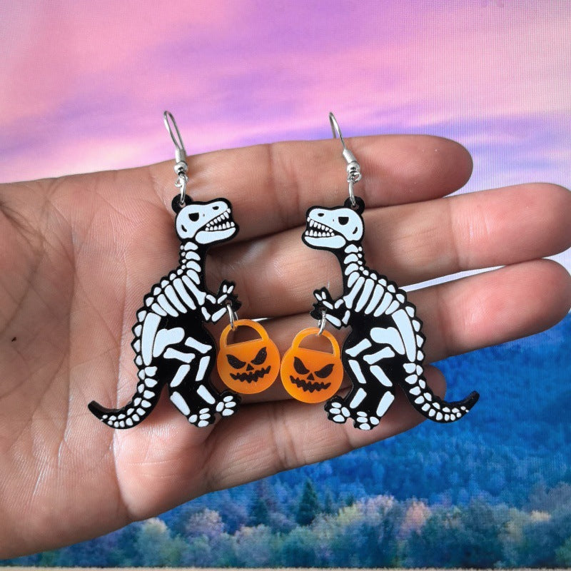 Orecchini in acrilico a tema Halloween con motivi di zucca, teschio e dinosauro Stile fumetto Design stampato Gioielli alla moda unisex