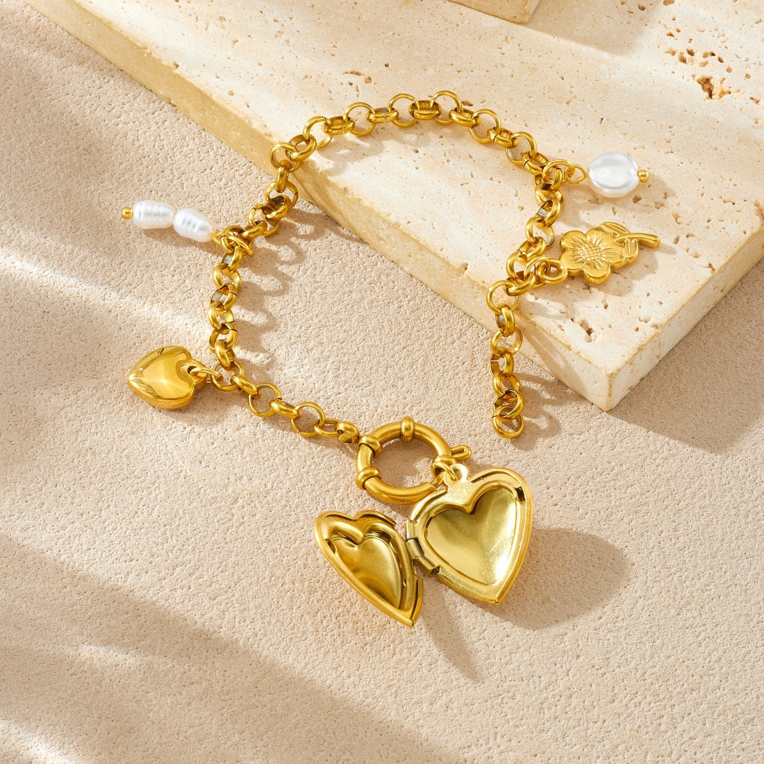 Gold Plated Heart and Round Floral Pearl Bracelet for Women