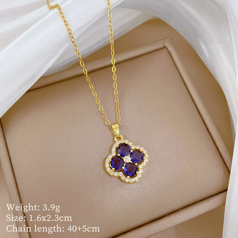 Sweet Full Rhinestone Inlaid Floral Geometric Titanium Steel Necklace with Brass Pendant Cable Chain for Unisex
