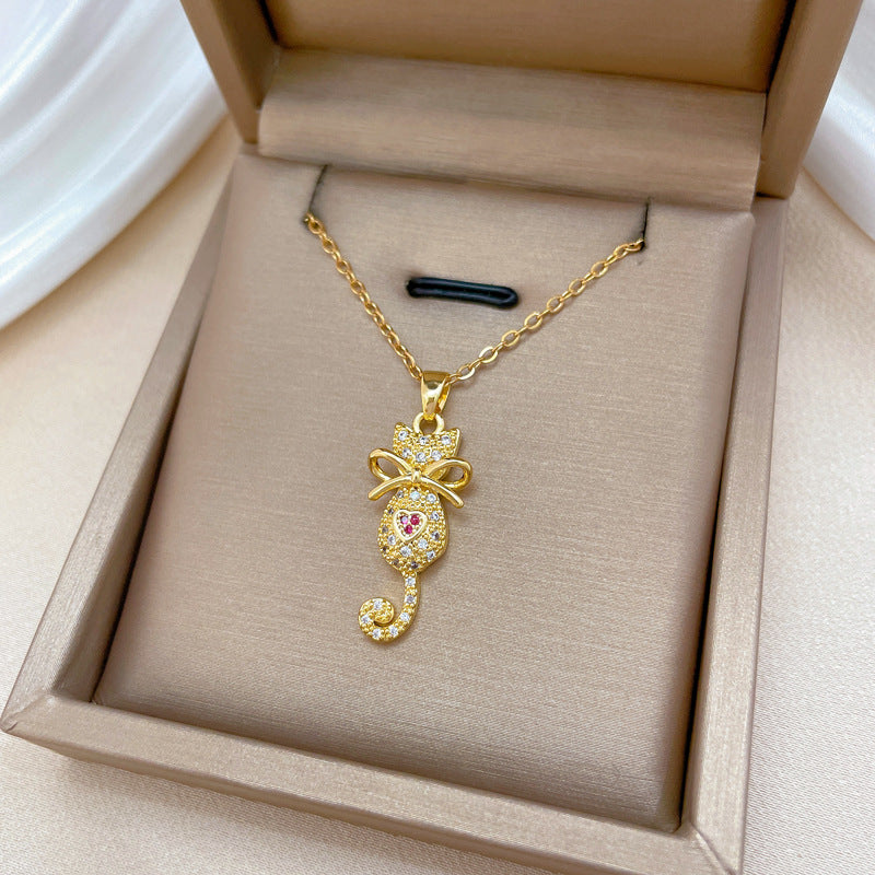 Minimalist Cat Bowknot Pendant Necklace for Women Stainless Steel Chain with Rhinestone Accents Lightweight Elegant Clavicle Necklace