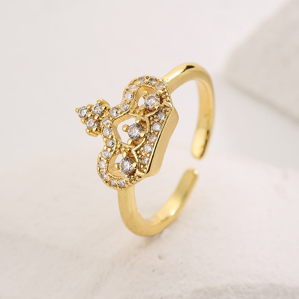 Anello Minimalista a Corona Geometrica da Donna in Ottone Placcato Oro 18K con Intarsio in Zirconia Cubica