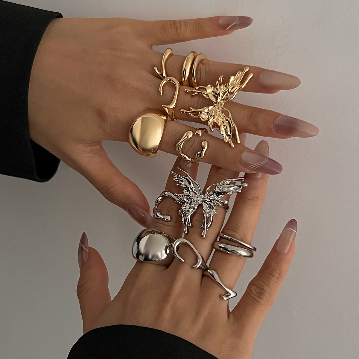 Minimalist Lava Butterfly Ring Set Geometric Animal-Shaped Open Band Stackable Metal Rings for Women
