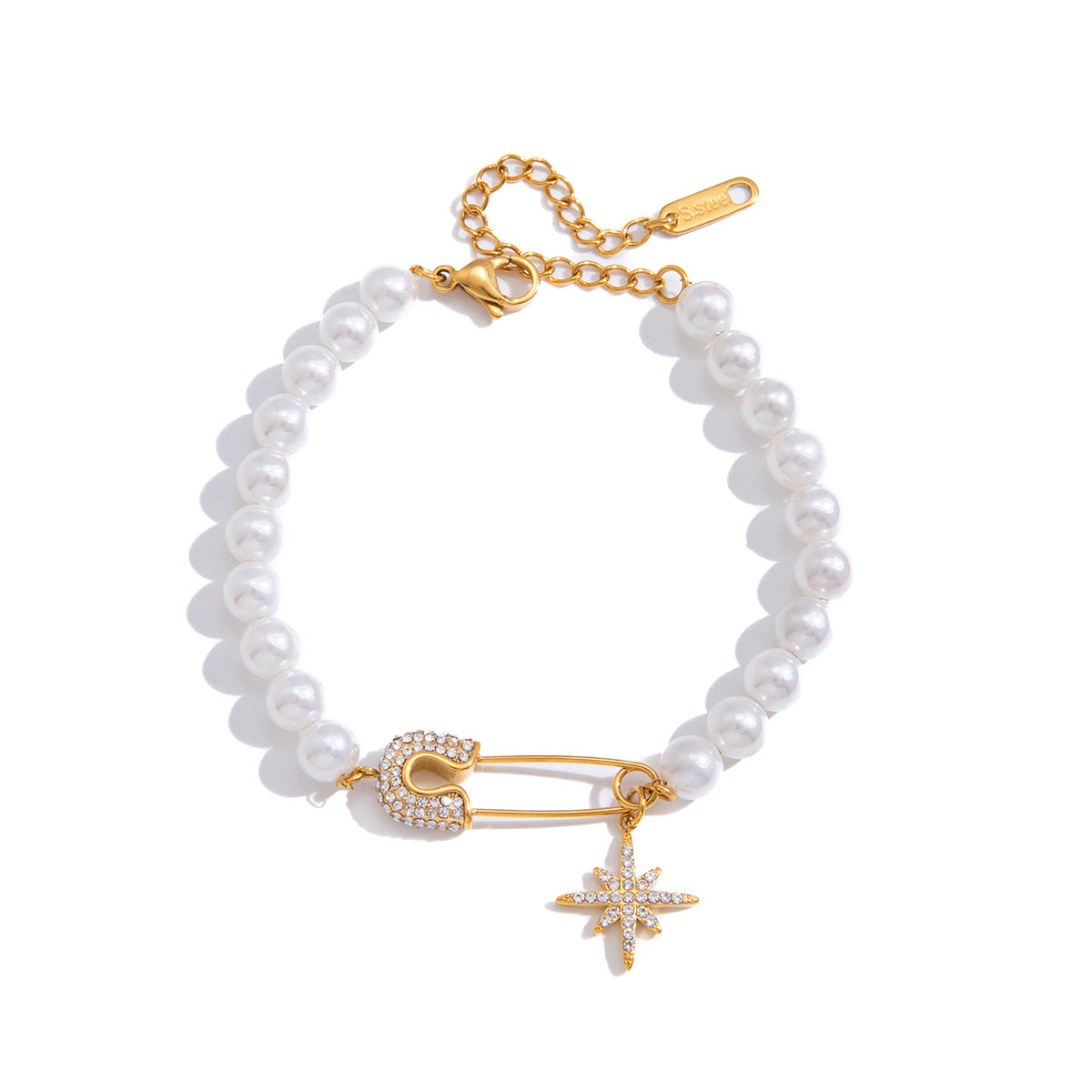 Luxury Geometric Star Titanium Steel Bracelet with Rhinestone and Imitation Pearl for Women