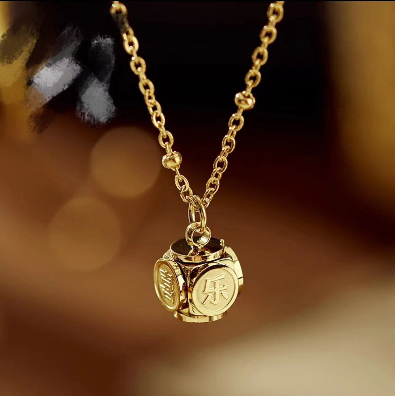 Geometric Chinese Character Pendant Necklace in Titanium Steel with Gold Inlay for Women