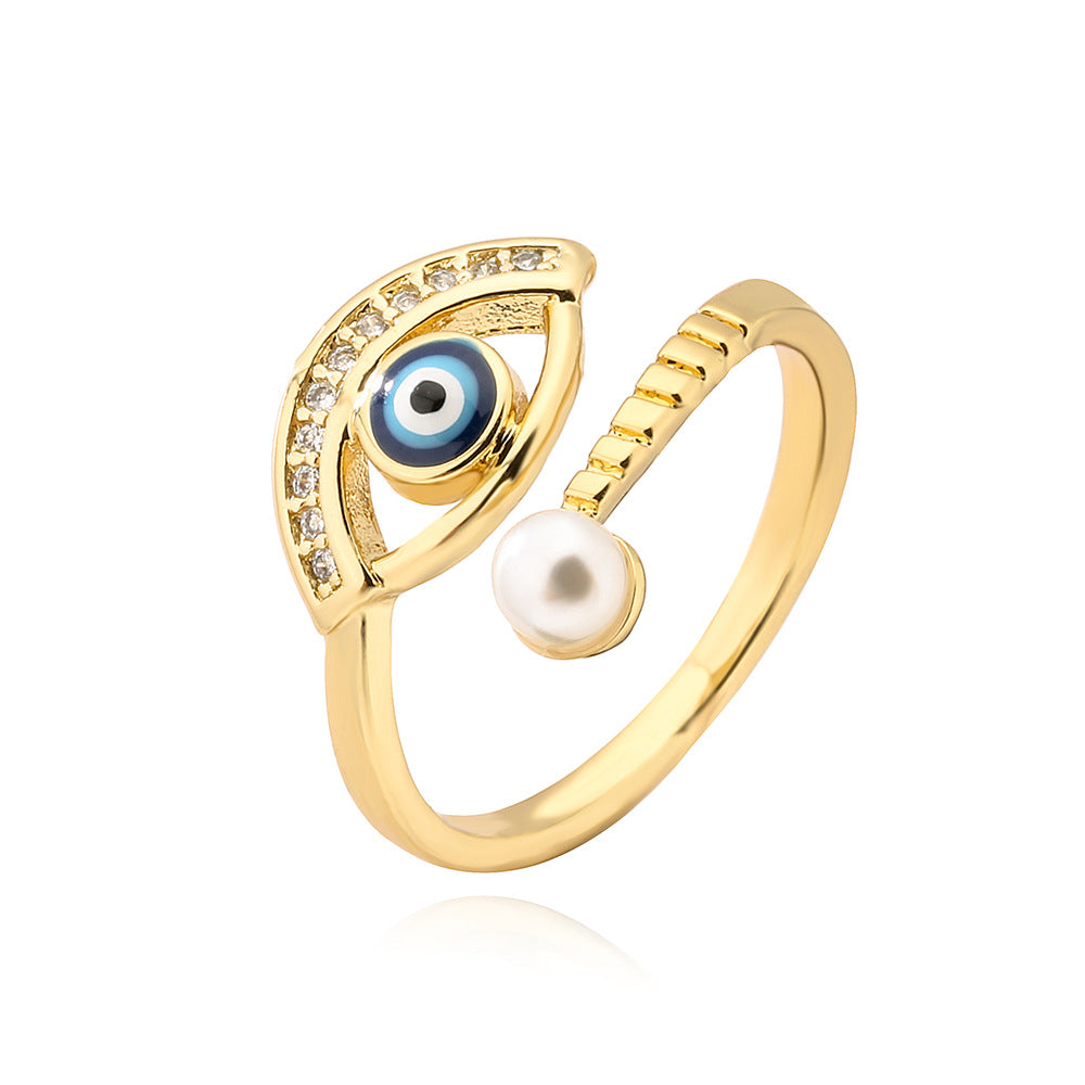 Anello Minimalista Geometrico Occhio di Falco da Donna in Rame con Placcatura in Vero Oro e Intarsi in Zircone