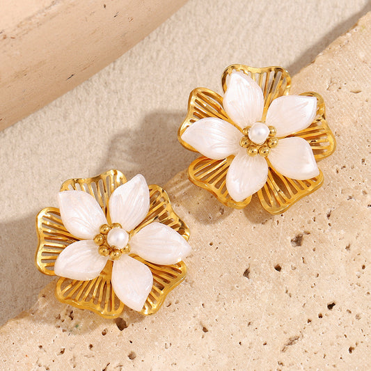 Pendientes de botón doble capa florales de acero inoxidable con chapado en oro de 18 quilates, estilo vintage chic