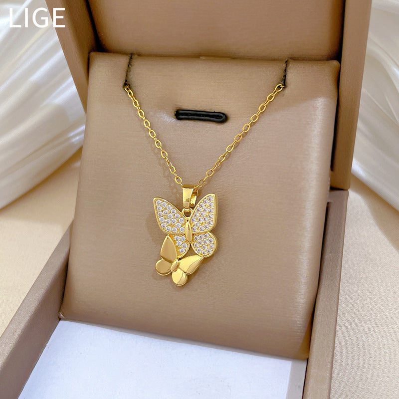 Sweet Minimalist Butterfly Cubic Zirconia Brass Pendant Titanium Steel Necklace for Unisex