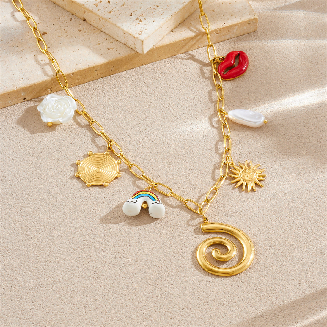 Elegant Geometric Rainbow Ceramic Flower Lips Sun Drip Oil Stainless Steel Necklace with Curb Chain