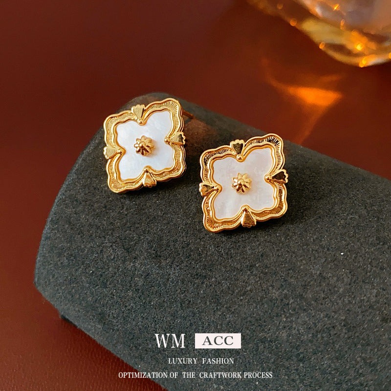 Chic Minimalist Rhombus Floral Geometric Mother-of-Pearl Earrings with Gold Plated Copper Base and Stainless Steel Posts for Women
