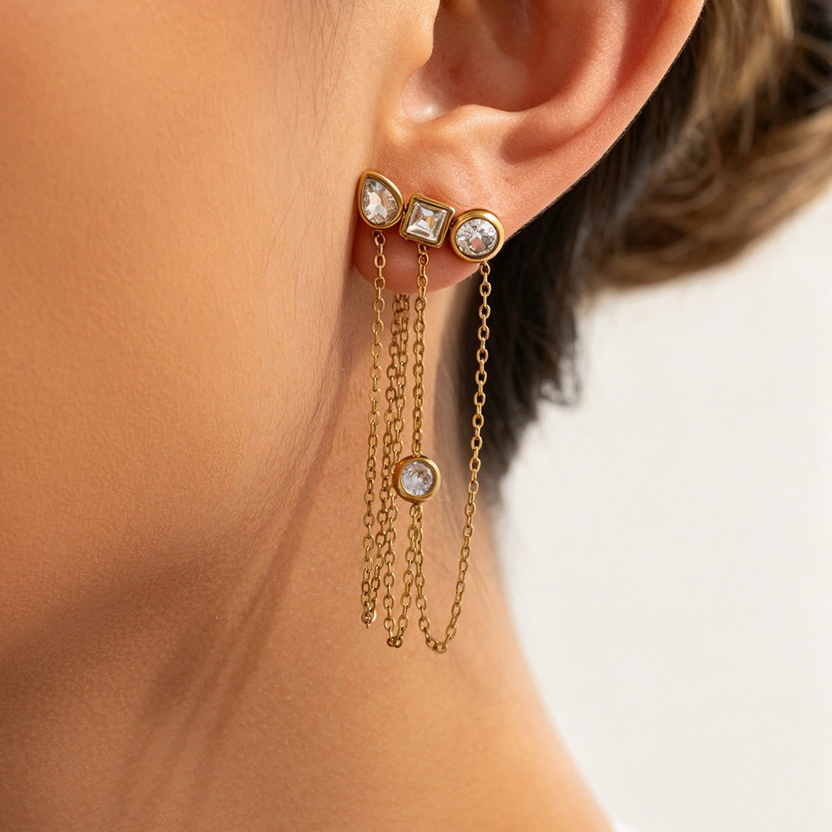Sweet Geometric Teardrop Rhinestone PVD Plated Stainless Steel Earrings with Multi-layer Chain Tassel