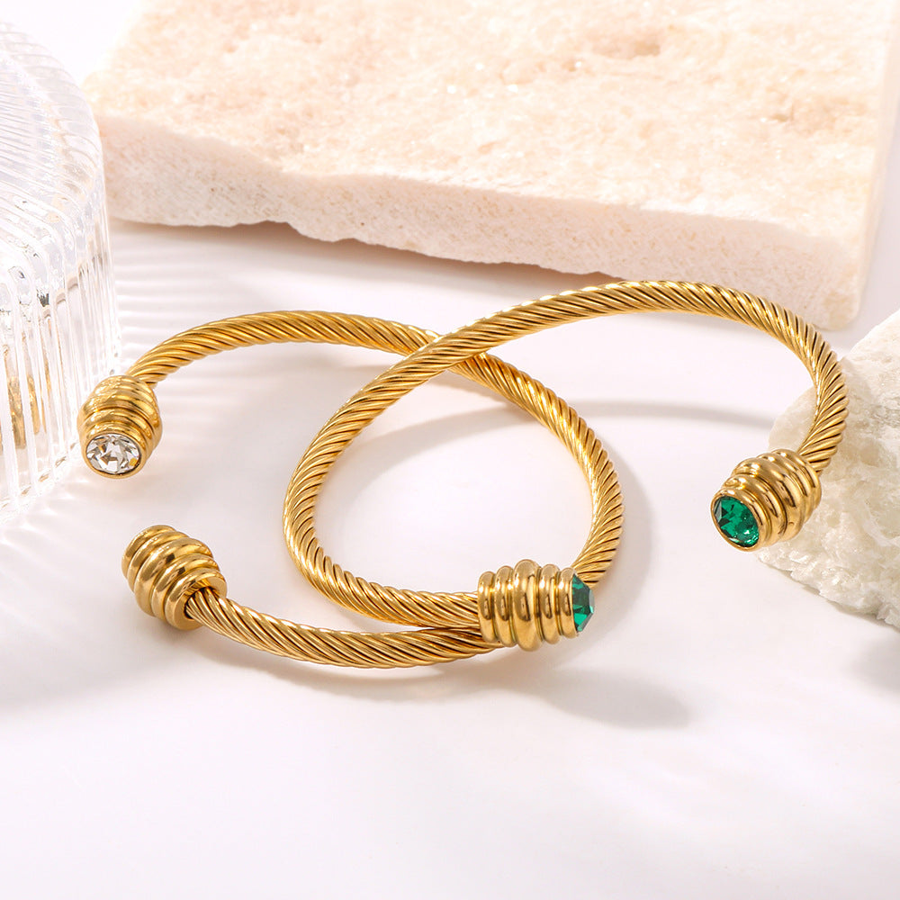 Minimalist Geometric Stainless Steel Bracelet with Zircon Inlay and 18K Gold Plating for Women