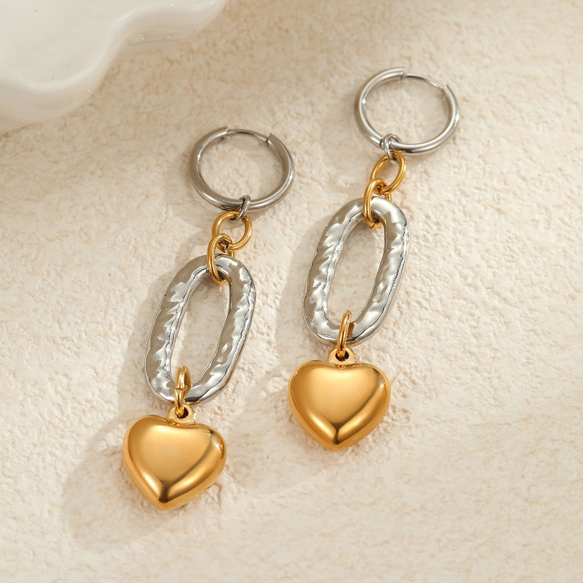 Fashionable Heart-Shaped Stainless Steel Earrings with Color-Blocking Design for Women