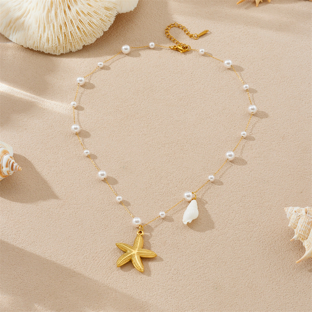 Minimalist Gold Plated Stainless Steel Star Shell Pendant Necklace for Women