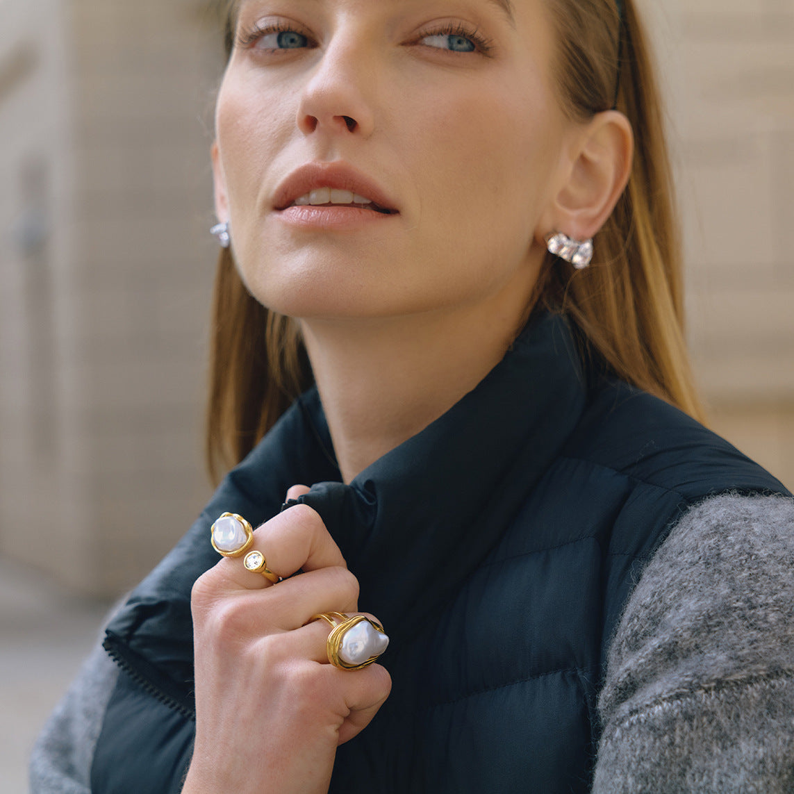 Elegant Minimalist Geometric Stainless Steel Ring with Resin and Pearl 18K Gold PVD Plated
