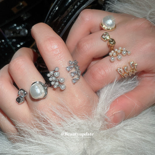 Elegant French Vintage Style Geometric Shaped Imitation Pearl Ring with Zircon Inlay for Women