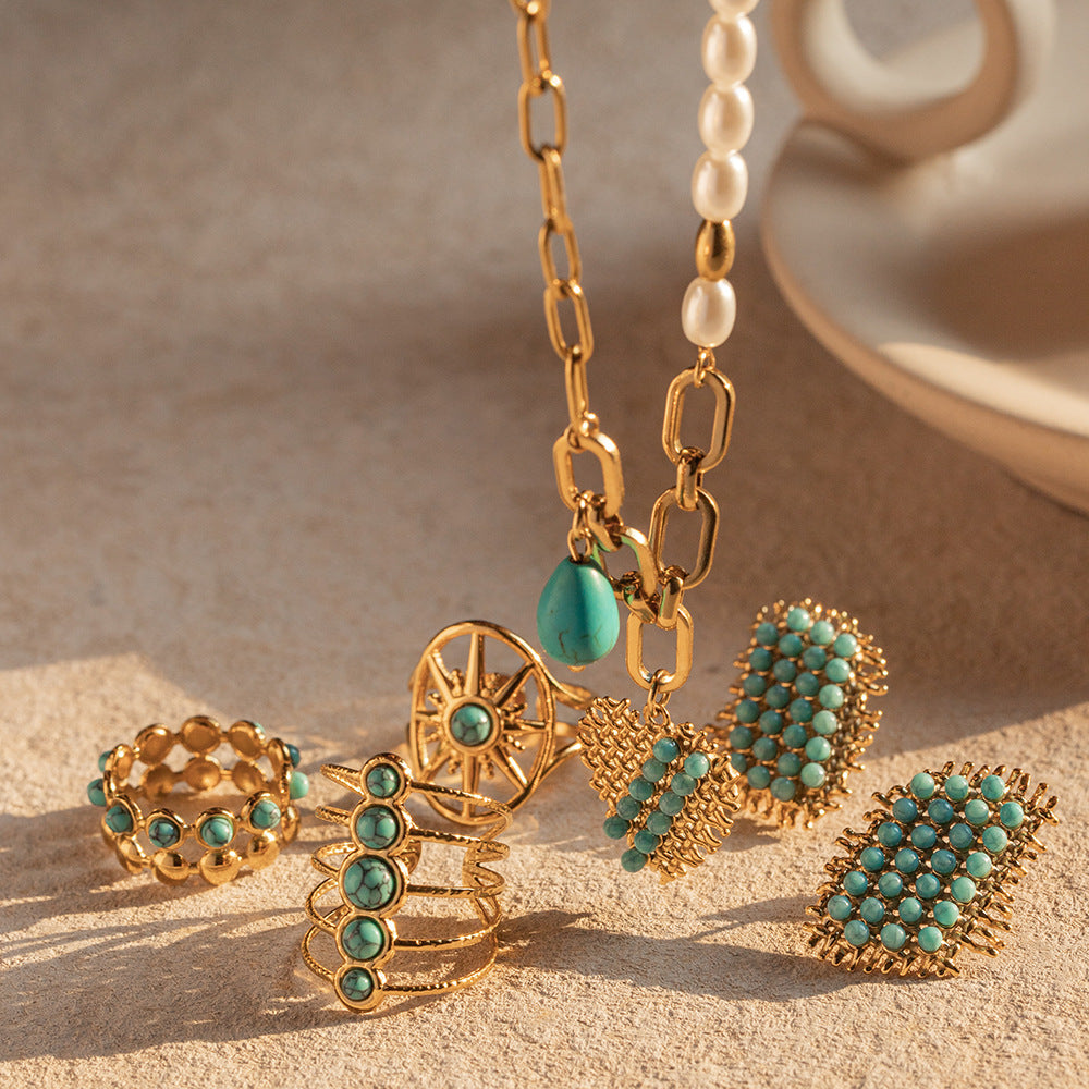 Anillo de titanio y acero geométrico minimalista con baño de oro e incrustaciones de turquesa para mujer