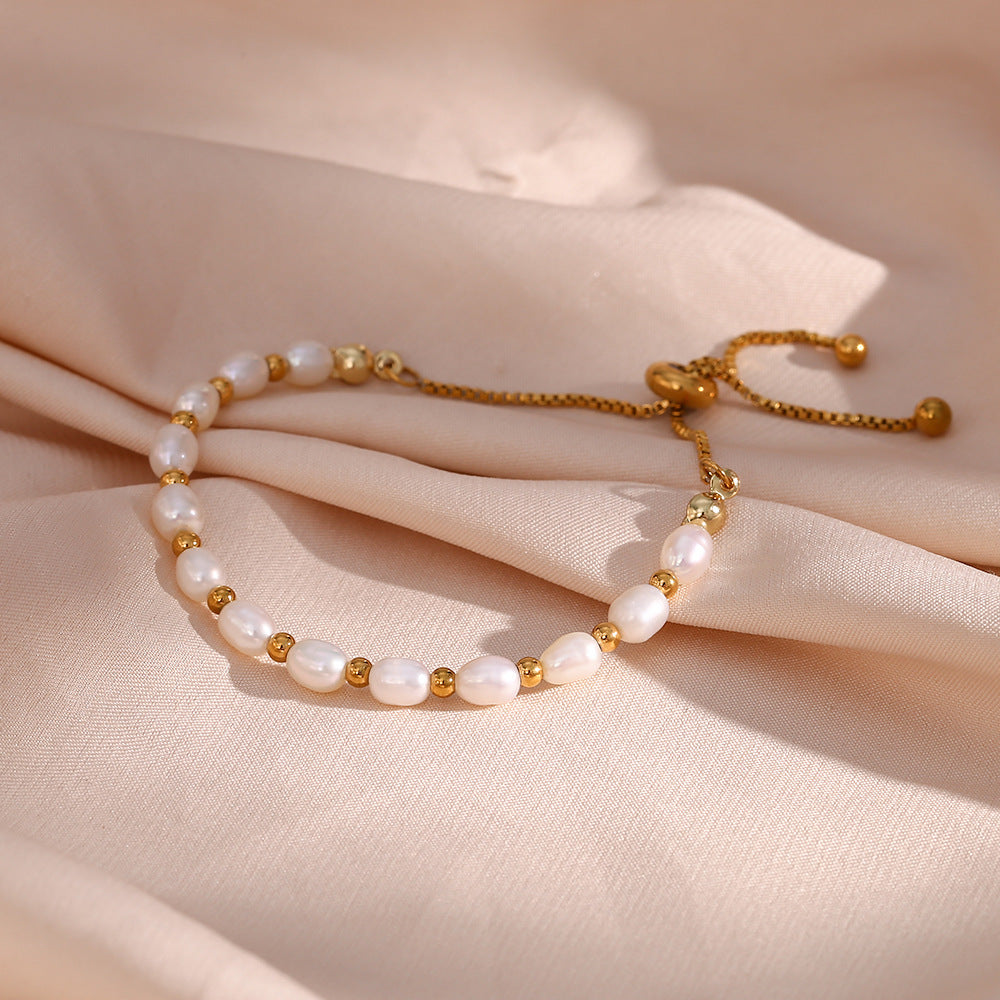 Minimalist Fashionable Geometric Stainless Steel Bracelet with 18K Gold Plated Finish and Freshwater Pearl Spacers Adjustable Drawstring Design