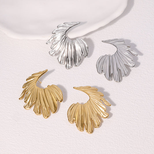 Minimalist Cold-Tone Stainless Steel Leaf-Shaped Earrings with Plating Finish for Women