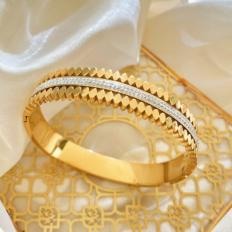 Minimalist Geometric Titanium Steel Plated Bracelet with Double Row Cubic Zirconia and Sawtooth Clasp