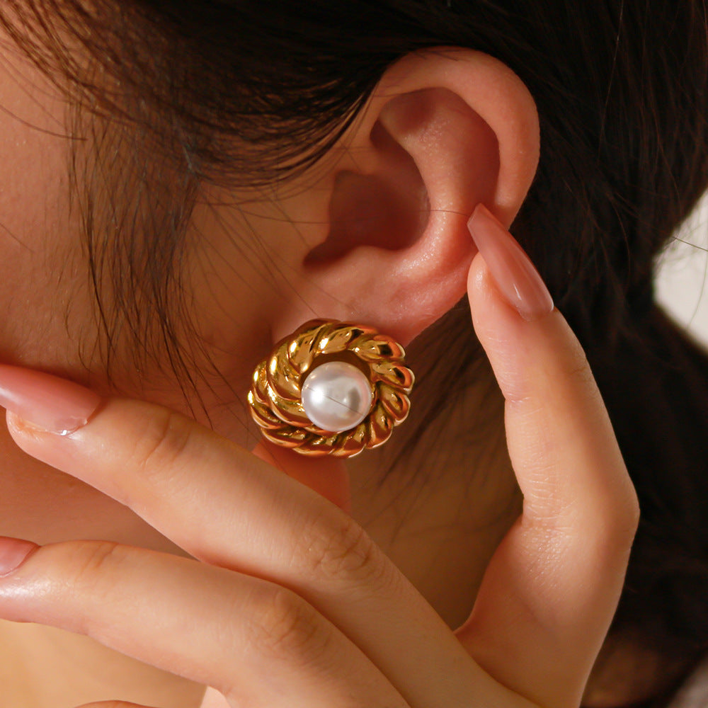 Vintage-Style Geometric Round Pearl Earrings for Women in Stainless Steel with 18K Vacuum Plating