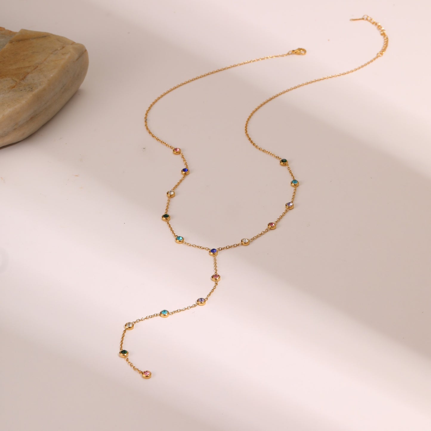 Fashionable OL Geometric Stainless Steel Y-Necklace with Zirconia Pendant and Plated Finish for Women
