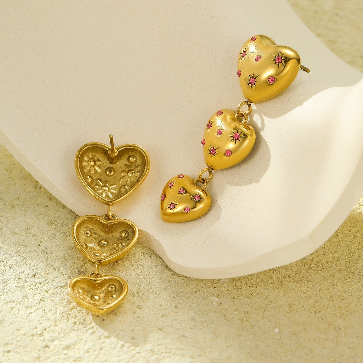 Orecchini pendenti da donna a forma di cuore, in stile vintage, con zircone rosa e acciaio al titanio, anallergici, con placcatura