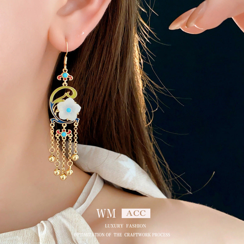 Vintage Floral Earrings with Enamel Finish and Tassel Detail in Alloy with 925 Silver Hooks for Women
