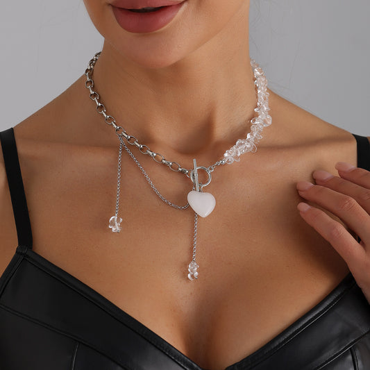 Casual Heart Geometric Alloy Plated Necklace with Irregular Transparent Stone Beads and OT Bar Clasp for Women