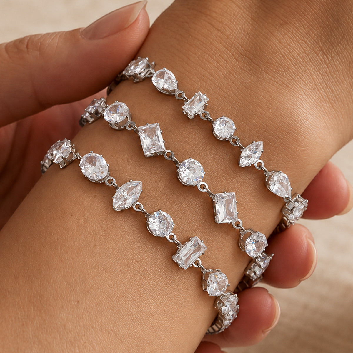 Geometric Teardrop Stainless Steel Plated Bracelet with Cubic Zirconia Inlay for Women