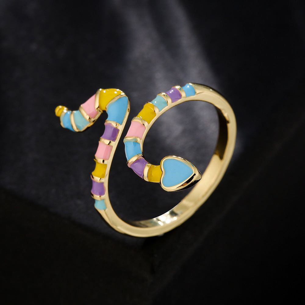 Bohemian Style 18K Gold Plated Copper Snake Shape Open Ring with Enamel Micro-Inlay for Women