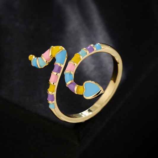 Anello Aperto a Serpente in Rame Placcato Oro 18K Stile Bohemien con Micro-Intarsi in Smalto per Donna