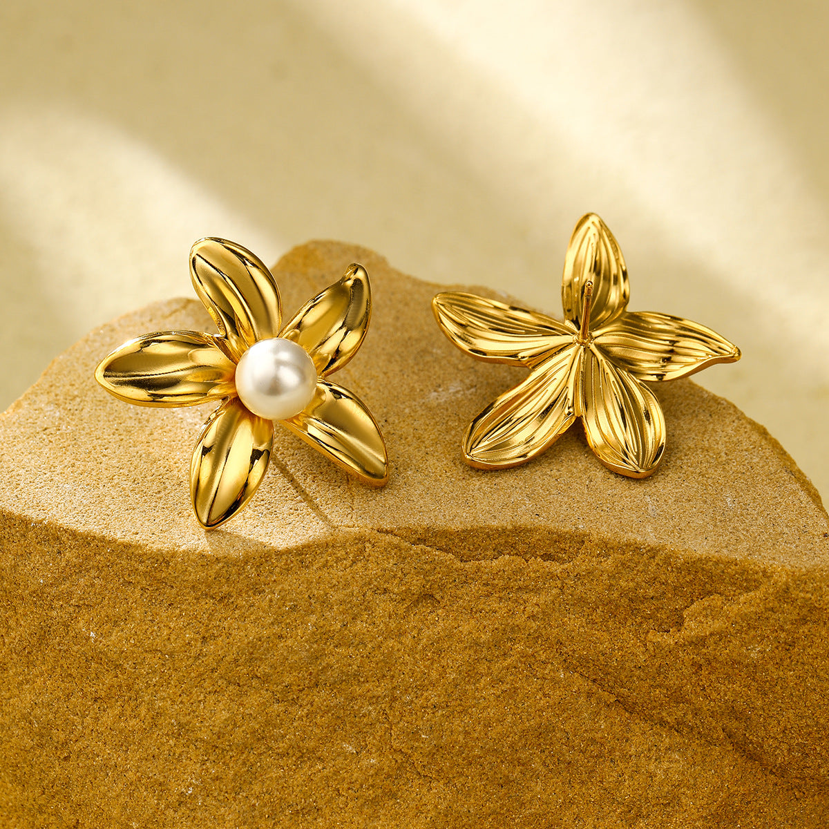 Fashionable Floral Pearl-Inlaid Titanium Steel Earrings with 18K Gold Plating for Women