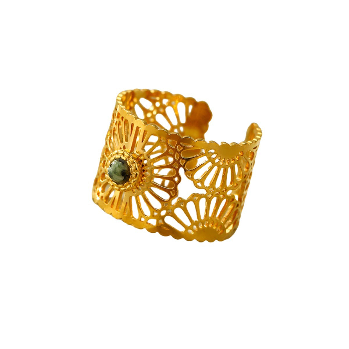 Anello da Donna Regolabile con Pietra Naturale Intarsiata Svuotata alla Moda in Acciaio al Titanio Placcato Oro 18K