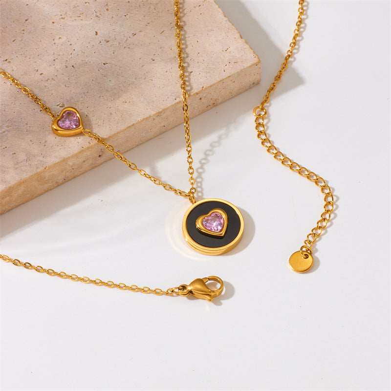 Collar con Colgante de Corazón Geométrico Minimalista Vintage con Incrustaciones de Pedrería Cadena de Acero Inoxidable con Baño de Rodio Longitud Ajustable Joyería de Moda para Mujer