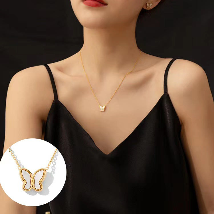 Minimalist Butterfly Pendant Necklace in Titanium Steel with 18K Gold Plating, White Mother-of-Pearl Inlay, O-Chain, Adjustable Length