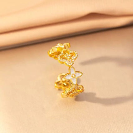 Anillo ajustable de cobre galvanizado con trébol de cuatro hojas microincrustado, lujoso, estilo vintage, para mujer