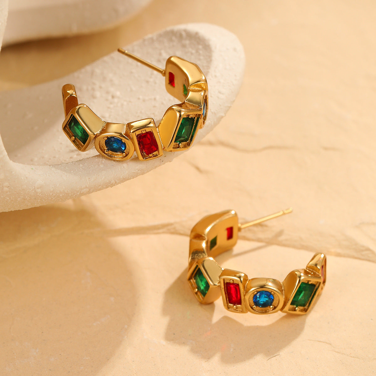 Vintage French-Style Geometric Stainless Steel Earrings with 18K Gold Plating and Colored Zircon Accents