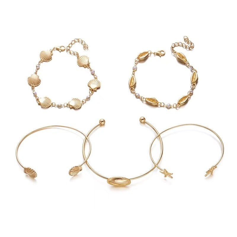 Minimalist Geometric Alloy Plated Shell Imitation Pearl Open Cuff Bracelet Set for Women