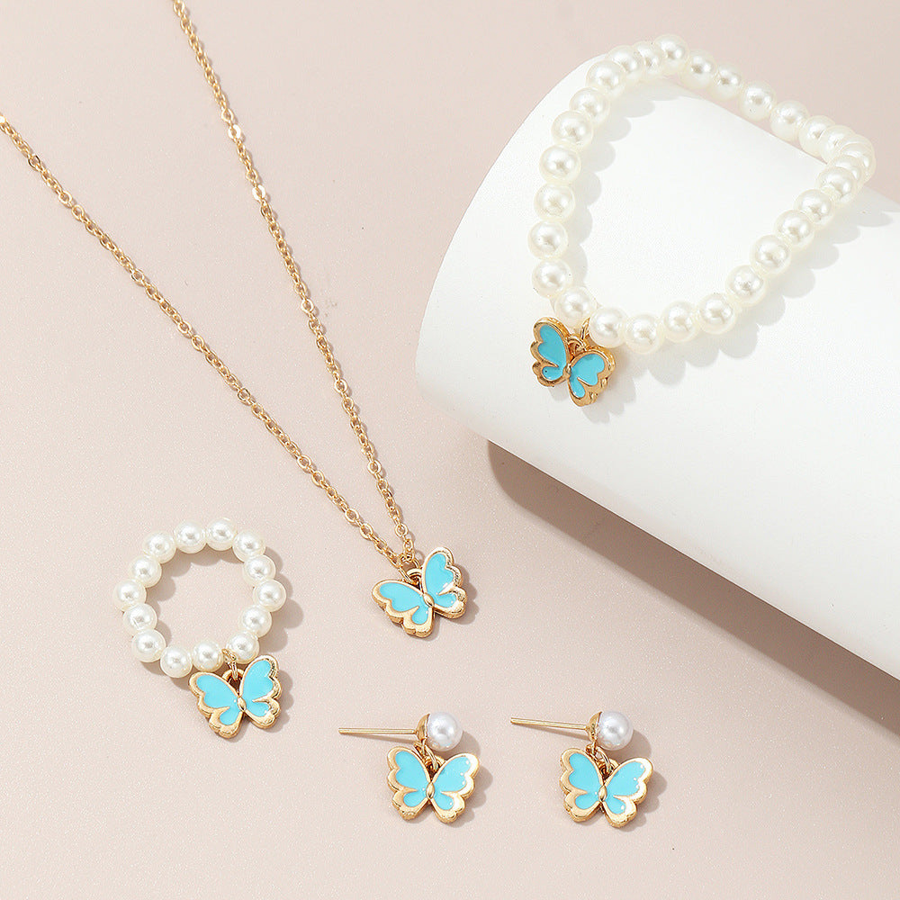 Set di collana in lega a forma di farfalla, con finitura smaltata, per bambine, Collezione Principessa, con catena a croce regolabile