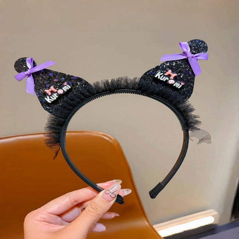 Cute Sanrio Kuromi Hairband for Girls with Bow Design Fabric Headband Sweet Cartoon Hair Accessory for Children Aged 6–10
