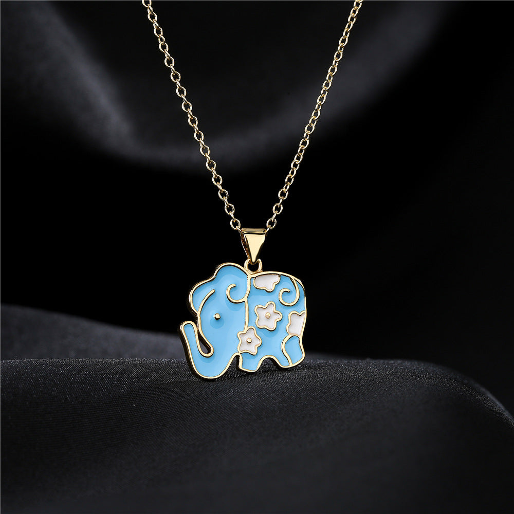 Cute Elephant Drip Oil Geometric Brass 18K Gold Plated Necklace with Cubic Zirconia Cable Chain