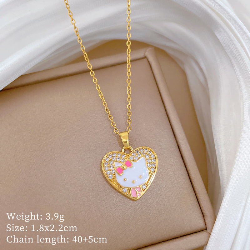 Sweet Cartoon Animal Micro-Inlaid Cubic Zirconia Brass Pendant Titanium Steel Necklace for Unisex