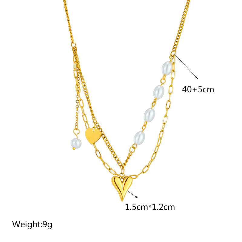 Irregular Chain Pearl Heart Pendant Stainless Steel Double Layer Necklace for Women