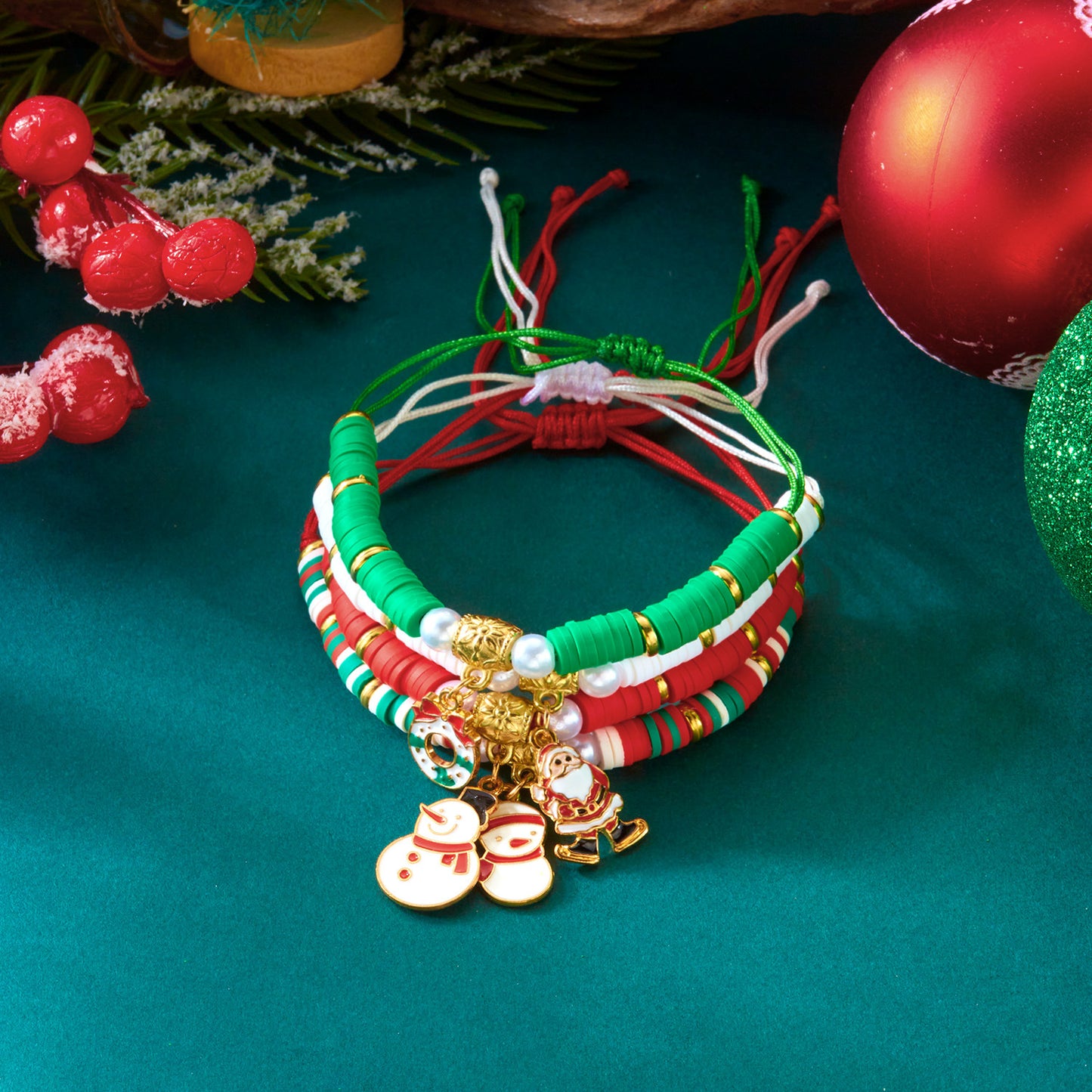 Christmas-Themed Handcrafted Alloy Bracelet Set with Santa Elk Bell Crystal Pearl Adjustable Braided Design for Unisex Wear