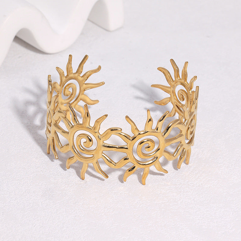 Minimalist Luxury Gold Plated Stainless Steel Sun Design Open Cuff Bracelet
