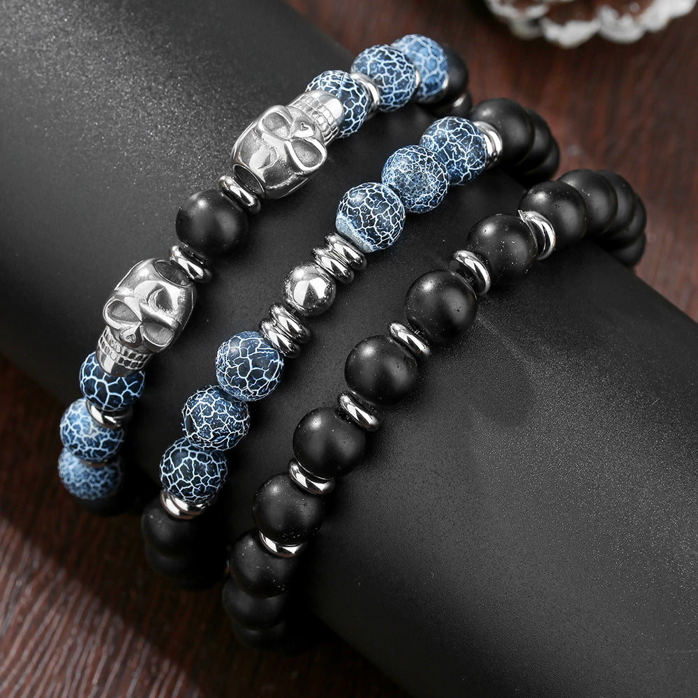 Vintage Hip-hop Sporty Geometric Round Stainless Steel Agate Beaded Bracelet for Men and Women