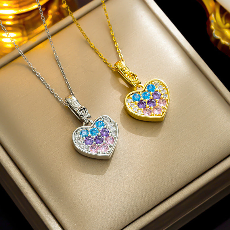 Minimalist Heart-Shaped Titanium Steel Pendant Necklace with Rhinestone Inlay on O-Chain for Women