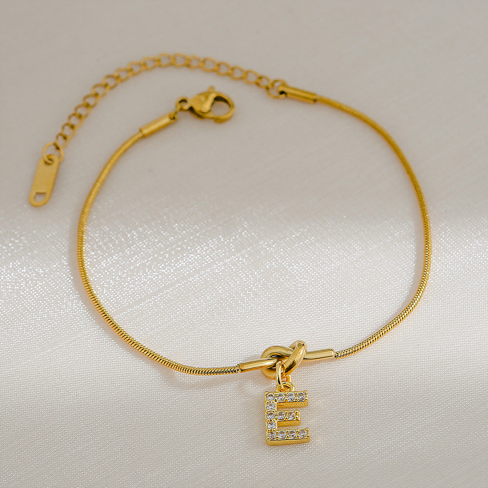 18K Gold Plated Stainless Steel Letter Heart Knot Charm Bar Bracelet for Women