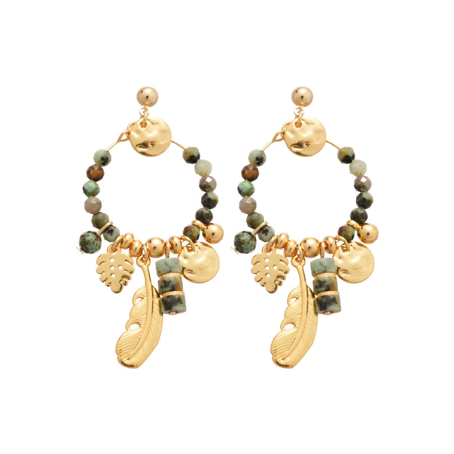 Orecchini Pendenti Etnici Vintage Geometrici con Piume e Pietre, con Perni in Argento 925 Placcato Oro 14K per Donna